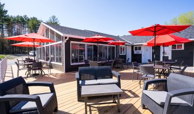 Bonnie Lake Resort Deck with comfortable lounge furniture! Perfect spot to connect with new and old friends