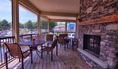 The Welcome Centre also offers an outdoor patio featuring an incredible stone fireplace for your enjoyment