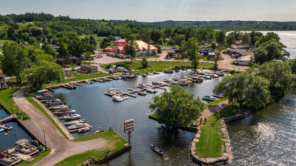 Aerial view of Golden Beach Resort in The Kawarthas featuring a view of the boat docks and resort.