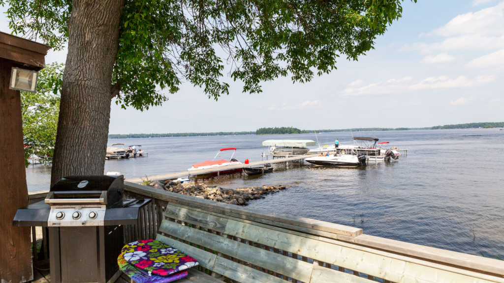 View of Mississippi Lake and boat docks from a resort cottage at McCreary's Beach Resort.