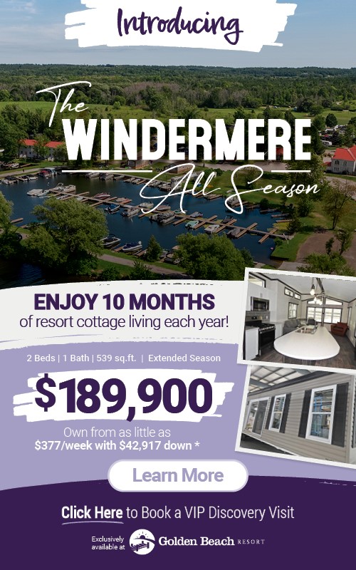 Introducing the WINDERMERE ALL SEASON | 10 month extended season resort cottage available at Golden Beach Resort in Kawartha Lakes